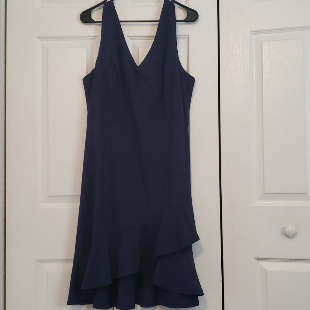Blue V-neck front asymmetrical frill 2x dress